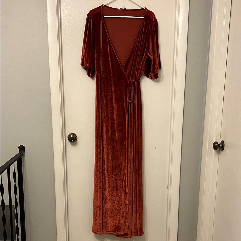 Velvet Wrap Dress in Rich Rust